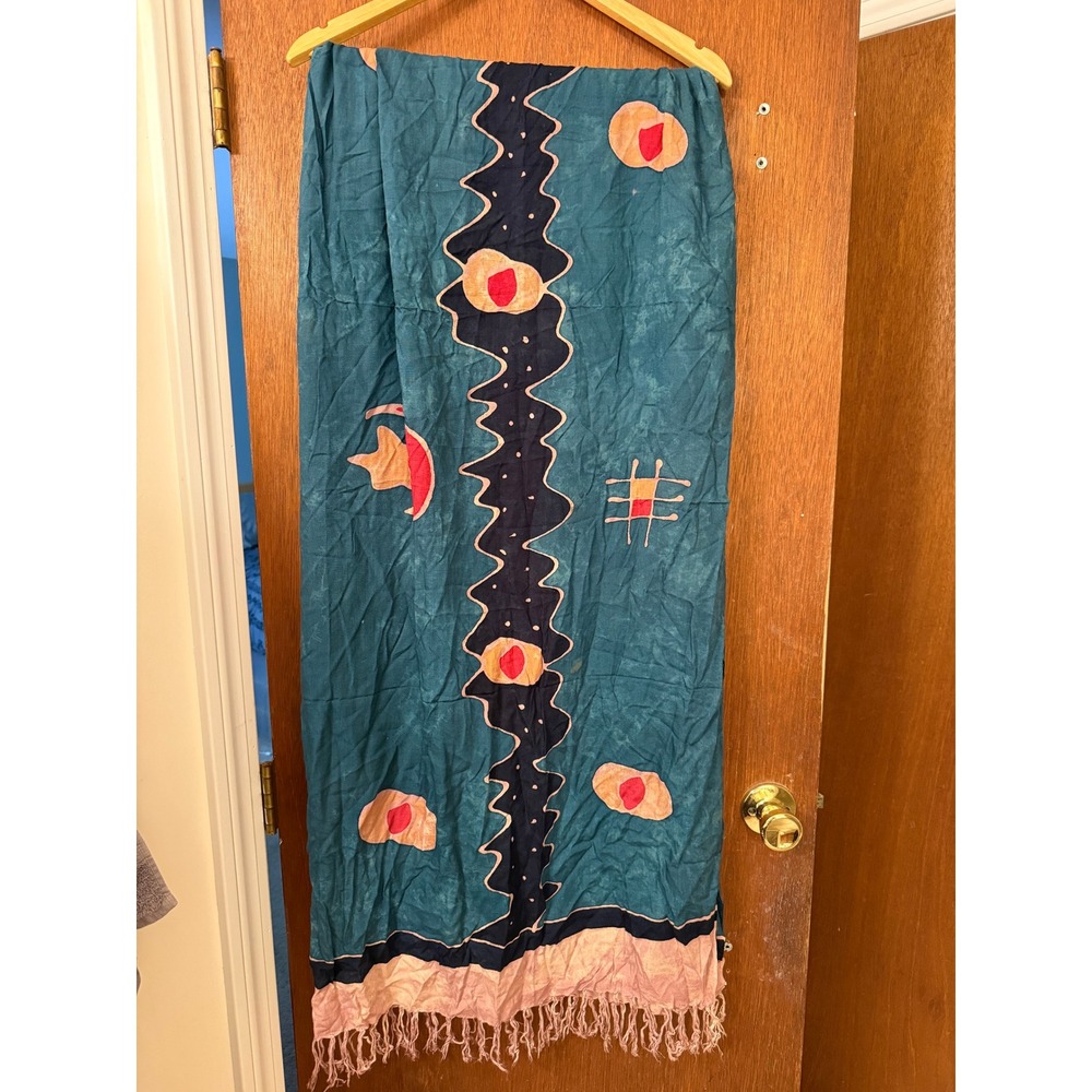 Vintage Teal Batik Sarong Wrap Celestial Moon Star Print Fringed Beach Coverup - Picture 2 of 4